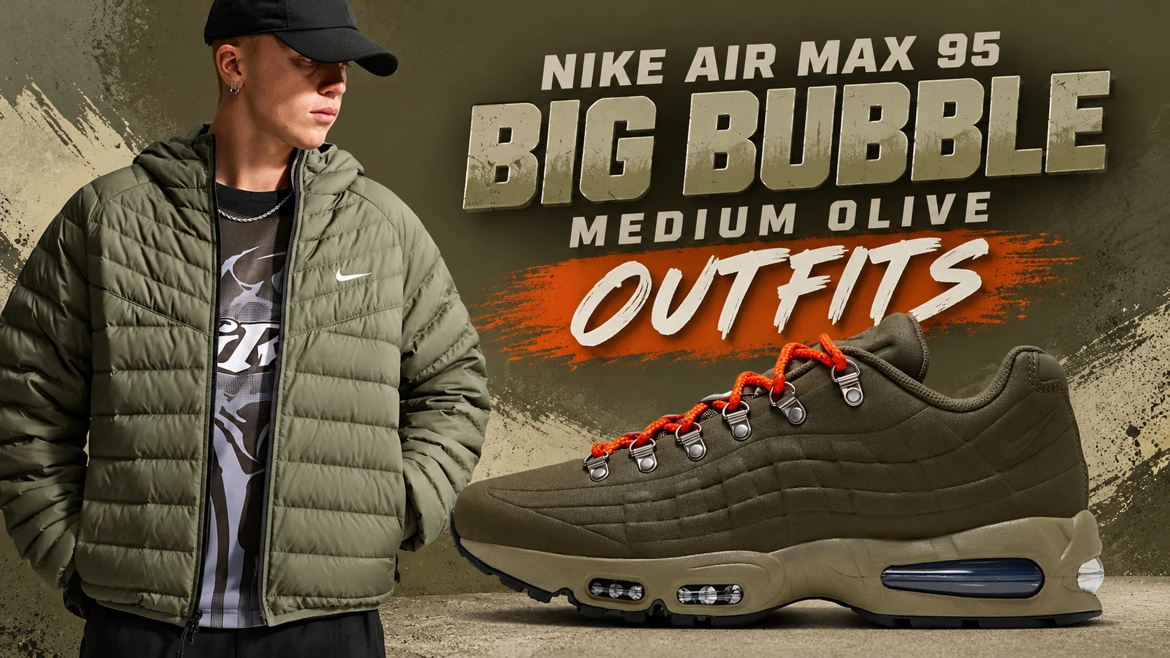 Nike Air Max 95 Big Bubble Medium Olive sneakers with matching Nike olive green Windrunner jacket outfit