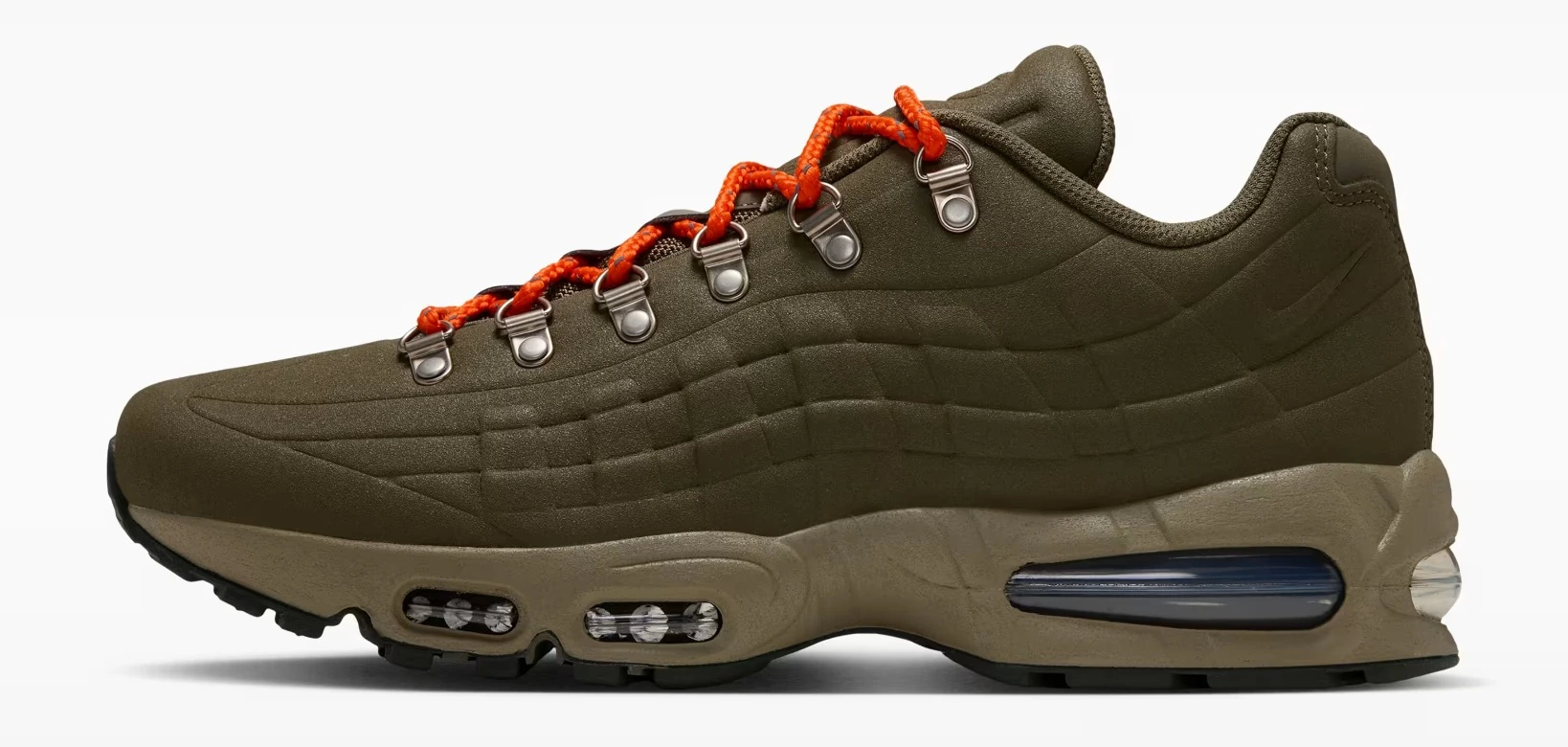 Nike Air Max 95 Big Bubble Medium Olive sneakers featuring a Sequoia green upper, orange laces, and black accents.
