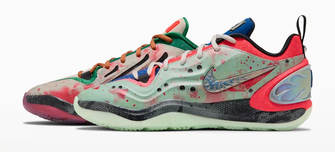 Nike A'Two Potion No. 22 Halloween basketball shoes in light orewood brown, pine green and bright crimson, shown as a pair.