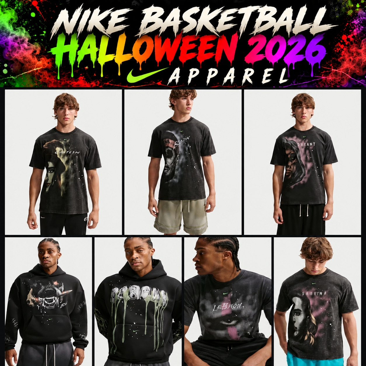 Nike Basketball Halloween 2026 apparel collage featuring Caitlin Clark, Devin Booker, Kevin Durant, Ja Morant, LeBron James and Sabrina Ionescu Halloween graphic T-shirts and hoodies.