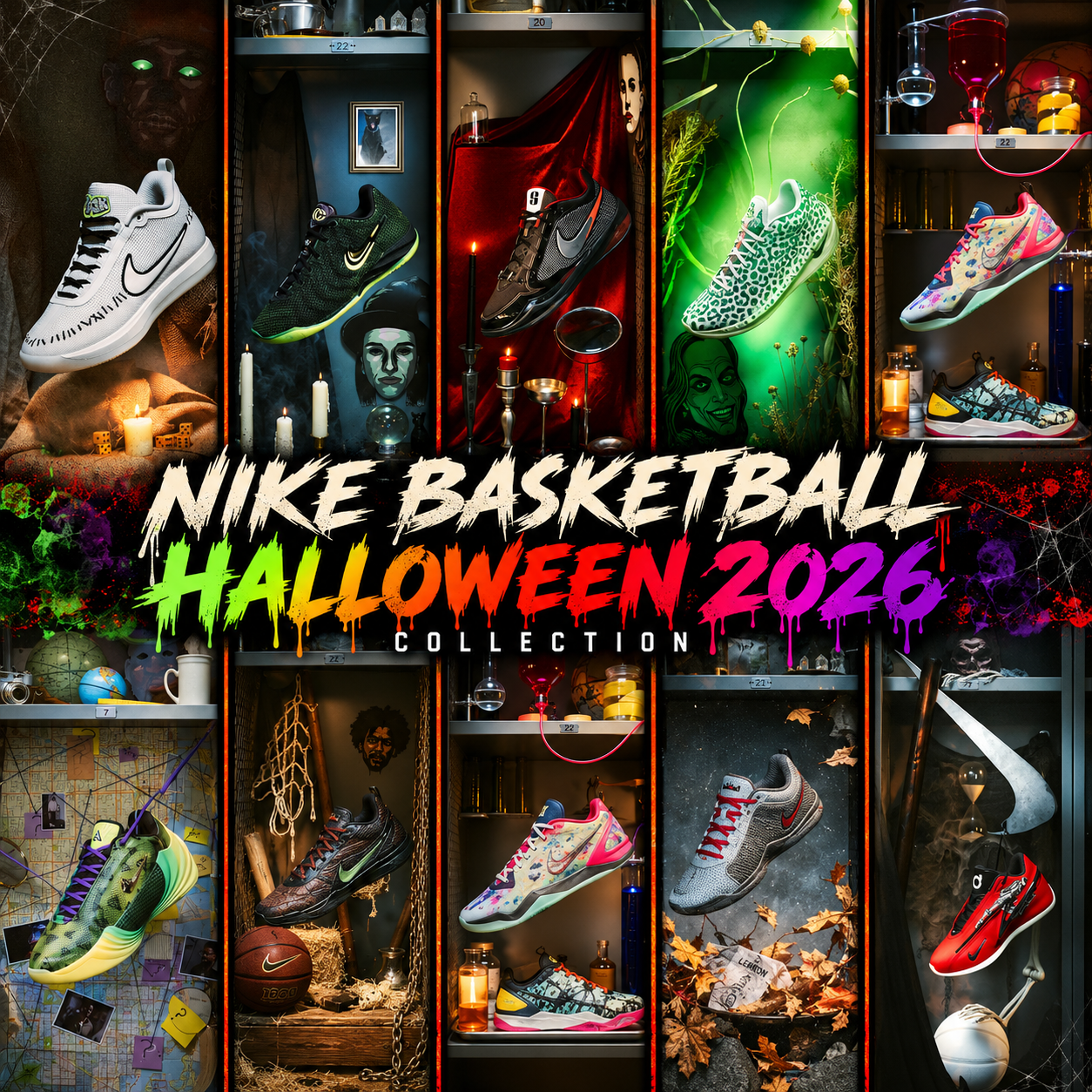 Nike Basketball Halloween 2026 Collection collage featuring Halloween-themed basketball sneakers in a dark, spooky display with colorful graphics.