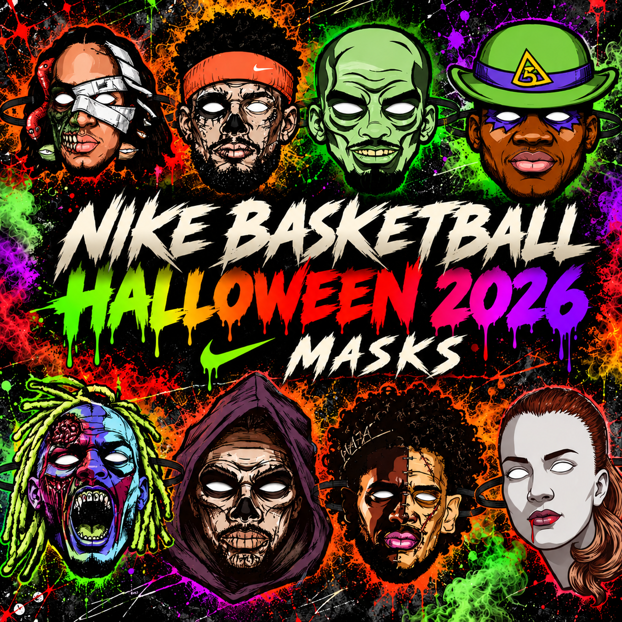 Nike Basketball Halloween 2026 Masks collage featuring eight illustrated Halloween face masks with colorful horror-inspired designs.