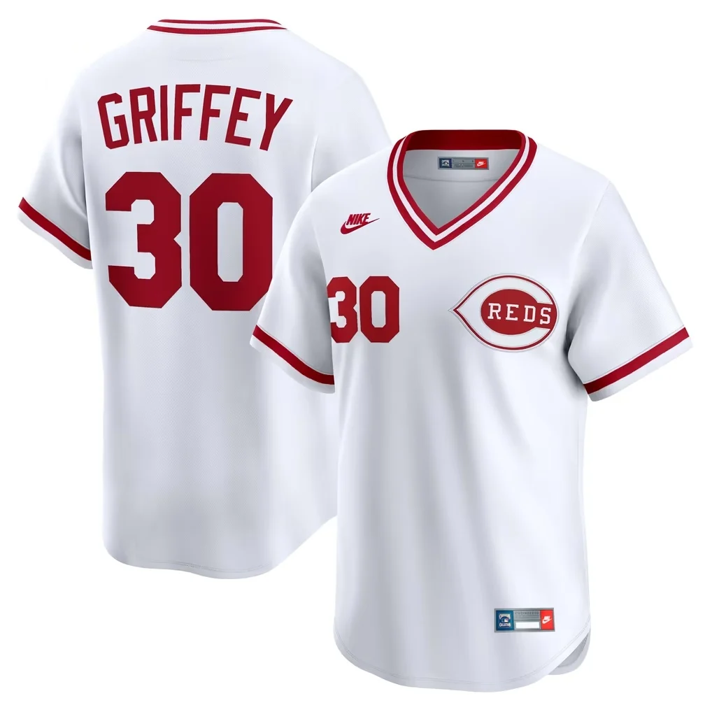 White Nike Ken Griffey Cincinnati Reds Throwback Cooperstown Collection Limited jersey with red number 30 to match the Nike Air Griffey Max 1 Cincinnati Reds.