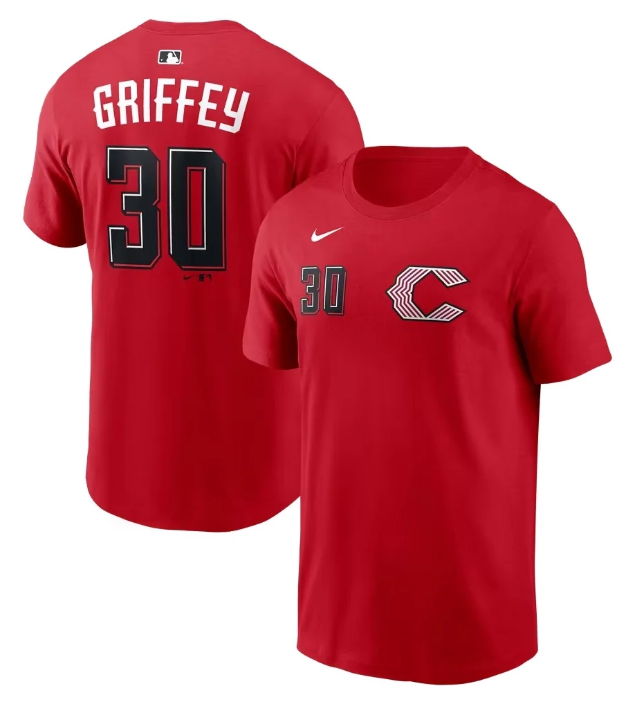 Red Nike Ken Griffey Jr. Cincinnati Reds 2026 City Connect Name and Number T-shirt to match the Nike Air Griffey Max 1 Cincinnati Reds sneakers.
