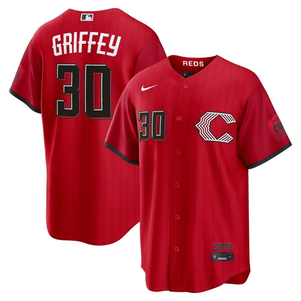 Red Nike Ken Griffey Jr. Cincinnati Reds 2026 City Connect Stadium jersey with number 30 to match the Nike Air Griffey Max 1 Cincinnati Reds.