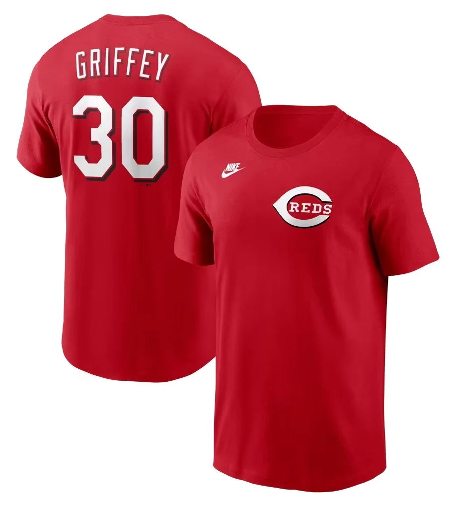 Red Nike Ken Griffey Jr. Cincinnati Reds Cooperstown Collection Name and Number T-shirt to match the Nike Air Griffey Max 1 Cincinnati Reds.