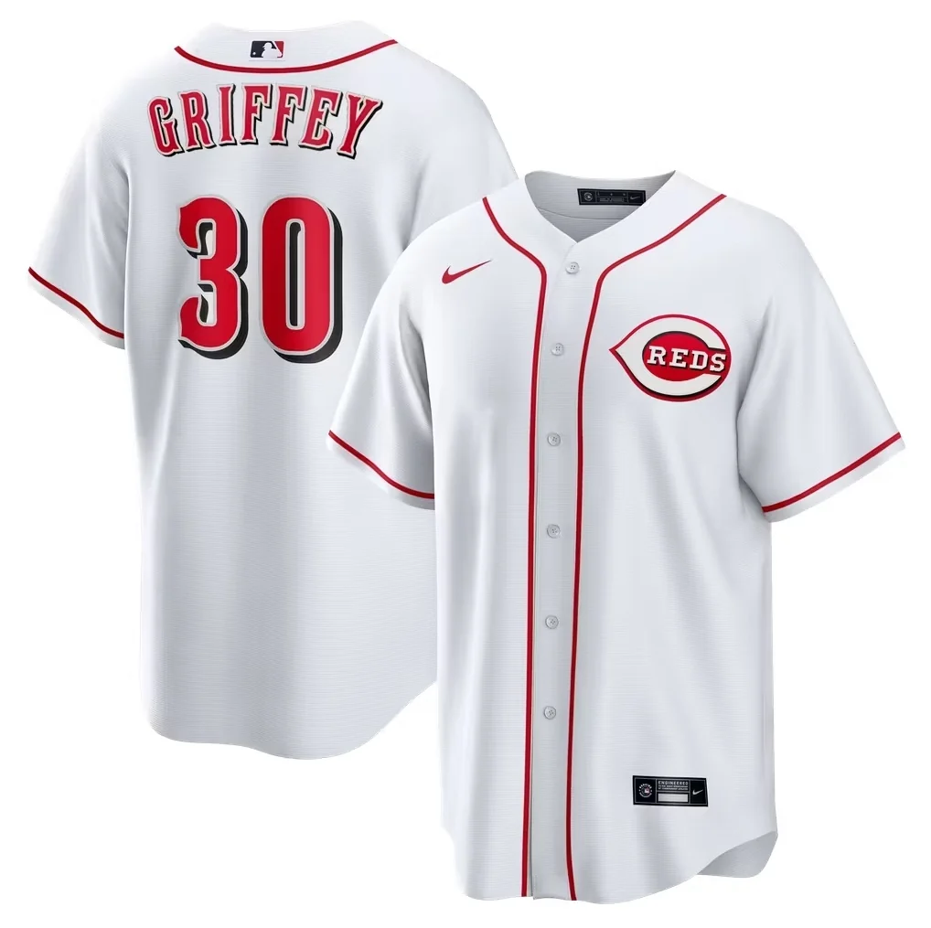 White Nike Ken Griffey Jr. Cincinnati Reds Home Retired Player Replica jersey with red number 30 to match the Nike Air Griffey Max 1 Cincinnati Reds.