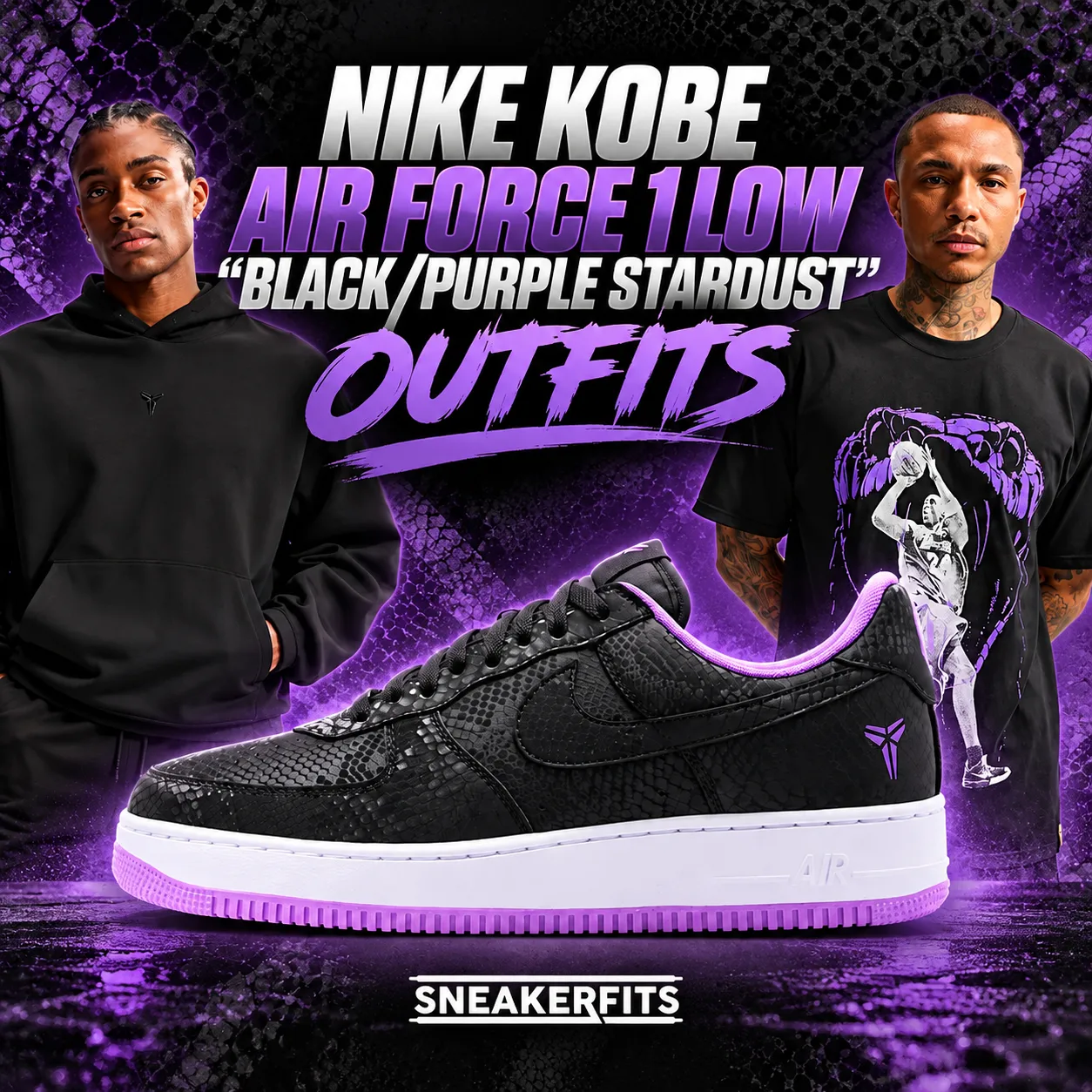 Nike Kobe Air Force 1 Low Black Purple Stardust with matching black and purple Kobe apparel.