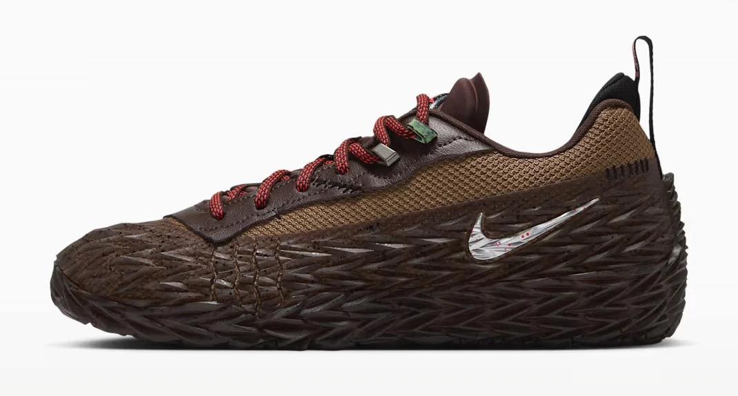 Nike S.T. Charge Halloween basketball shoe in taupe and baroque brown with textured dark brown overlays and metallic silver Swoosh.