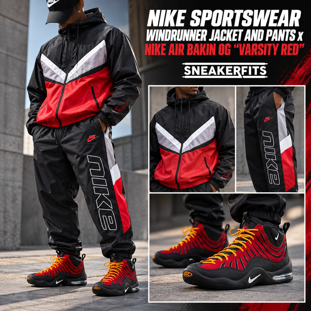 Nike Sportswear Windrunner jacket and pants outfit with Nike Air Bakin OG Varsity Red sneakers