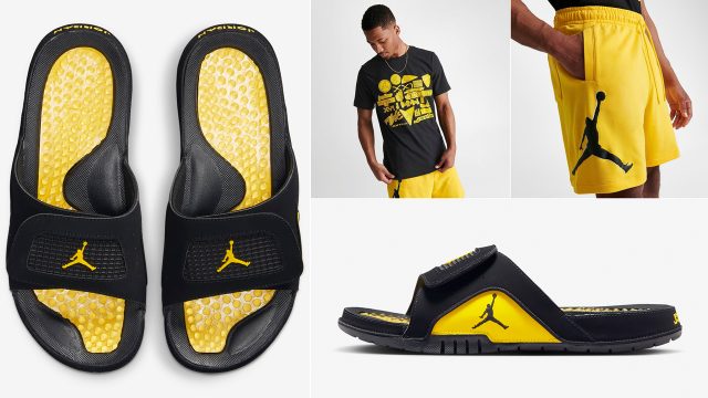 Jordan-Hydro-4-Thunder-Slides-Black-Tour-Yellow-Shirt-Shorts-Outfit