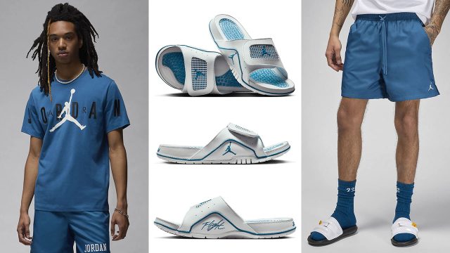 Jordan fossil Retro 4 Military Blue Hydro Slides Industrial Blue Shirt Shorts Outfit