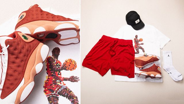 Air Jordan 13 Dune Red Sneaker Outfit Shirt Hat Shorts Socks Match