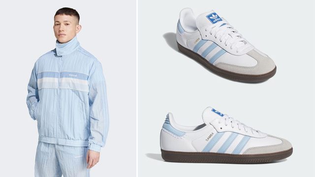 adidas Samba OG Cloud White Clear Sky Blue Jacket Pants Outfit