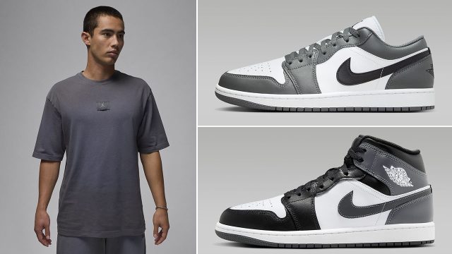 Air Jordan 1 Low and Mid Iron Grey Jordan Flight Essentials 85 T Shirt to Match Sneakers