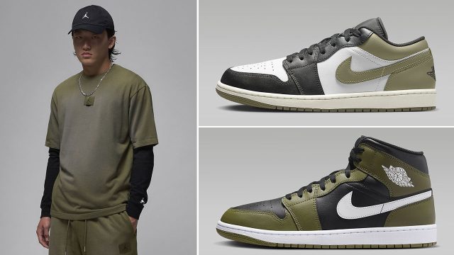 Air Jordan 1 Low and Mid Medium Olive T Shirt to Match Sneakers