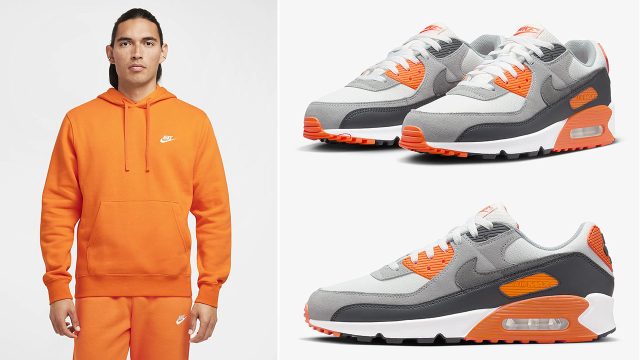 Nike Air Max 90 Summit White Safety Orange Club Fleece Clothing to Match Sneakers