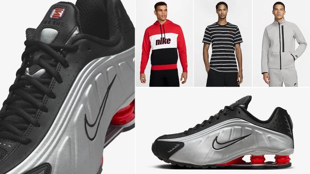 Nike Shox R4 OG Black Metallic Silver Red 2024 Outfits Shirts Clothing to Match Sneakers