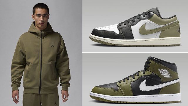 Air Jordan 1 Low Mid Medium Olive Hoop Fleece Zip Hoodie Outfit