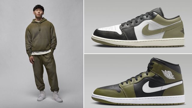 Air Jordan 1 Low and Mid Medium Olive Flight Fleece Hoodie and Pants Outfit