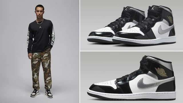 Air Jordan 1 Mid Black White Metallic Gold Silver Sneakers and Outfits