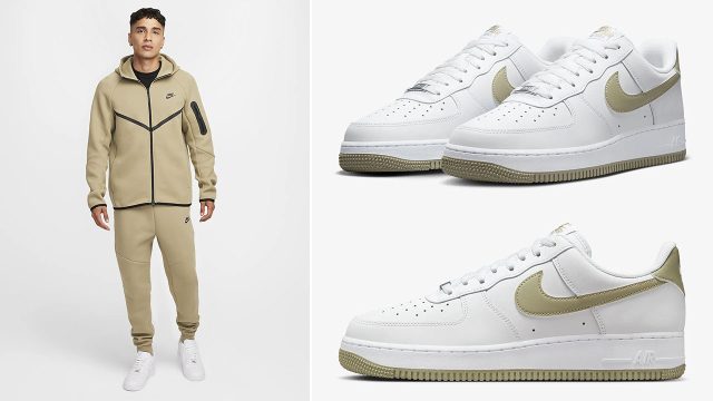 Nike Air Force 1 Low White Neutral Olive Tech Fleece Hoodie Jogger Pants Outfit