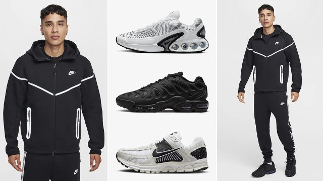 Nike Tech Fleece Hoodie and Joggers Black Silver and Sneakers to Match