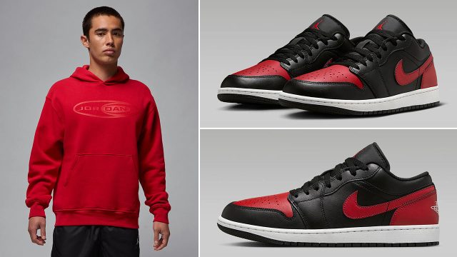 Air Jordan 1 Low Black Varsity Red Mens Shoes and Jordan Essentials Hoodie