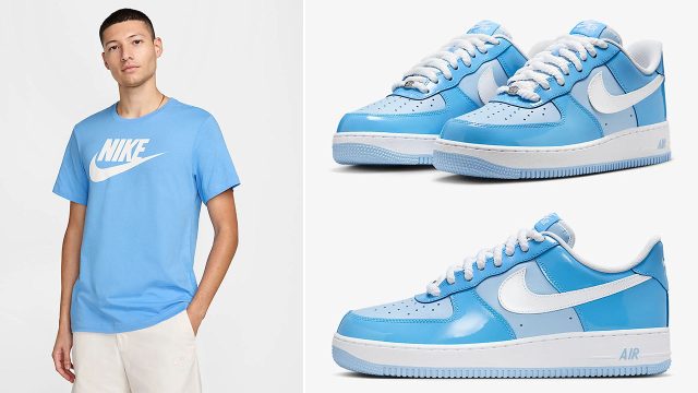 Nike Air Force 1 Low Patent Psychic Blue University Blue Mens Shoes Shirt Outfit