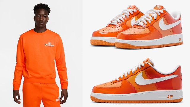 Nike Air Force 1 Low Patent Safety Orange Mens Shoes and Sweatshirt