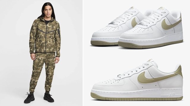 Nike Air Force 1 Low White Neutral Olive Tech Fleece Hoodie and Jogger Pants Outfit