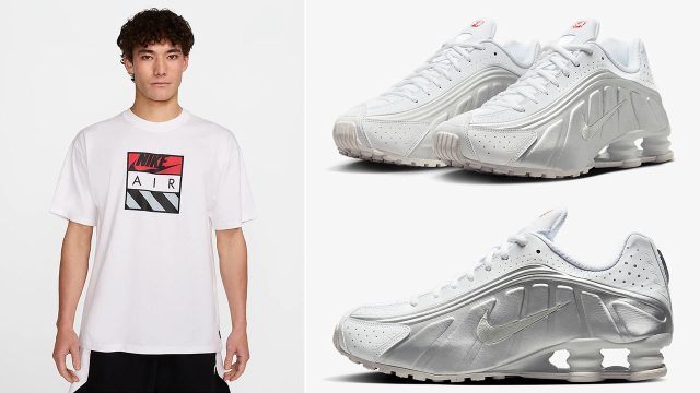 Nike Shox R4 White Metallic Silver Red Mens Shoes and Shirt