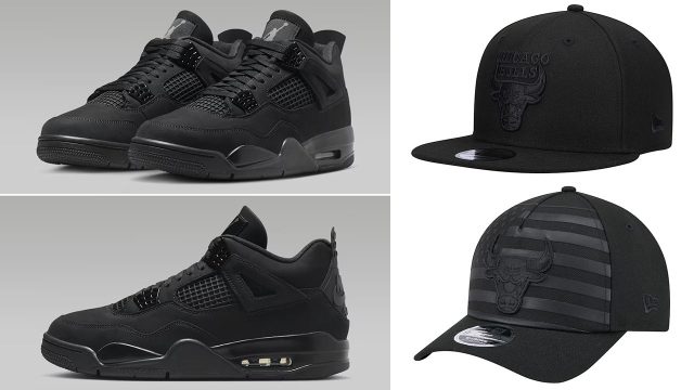 Air Jordan 4 Black Cat 2025 New Era Chicago Bulls Hats to Match Sneakers