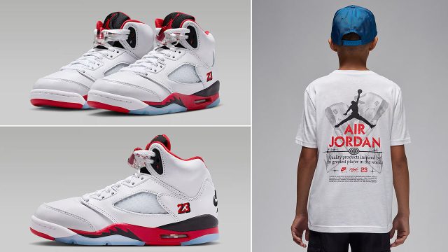 Air Jordan 5 Fire Red Black Tongue 2025 GS Grade School Big Kids Shoes and Shirt Outfit
