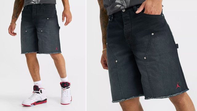 Air Jordan 5 Fire Red Black Tongue 2025 x Jordan Air Mens Twill Black Workwear Shorts Outfit