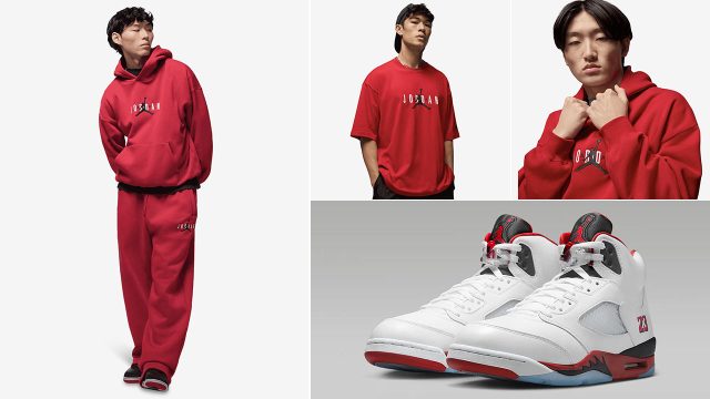 Air Jordan 5 Fire Red Black Tongue 2025 x Jordan Brooklyn Oversized Shirt Hoodie Pants Outfits to Match Sneakers