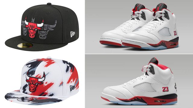 Air Jordan 5 Fire red Black Tongue 2025 New Era Bulls Hats to Match Sneakers