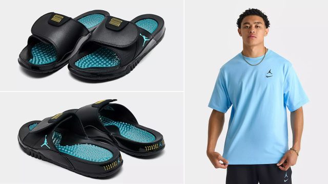Jordan Hydro 11 Retro Mens Slides Sandals Black Gamma Blue x Jordan Brooklyn Swoosh Logo T Shirt