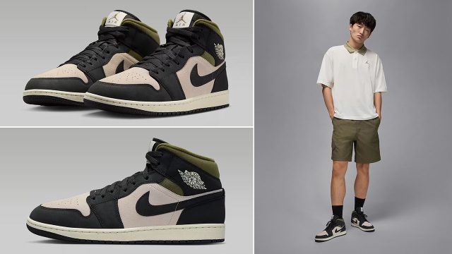 Air Jordan 1 Mid SE Light Orewood Brown Medium Olive Sail Off Noir Mens Sneakers and Outfits