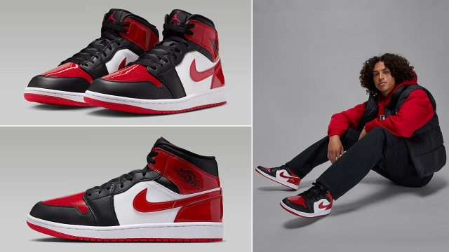 Air Jordan 1 Mid SE Patent Black White Varsity Red Mens Sneakers and Outfits