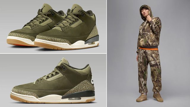 Air Jordan 3 Family Affair Medium Olive Shoes x Jordan Realtree Brooklyn Fleece Hoodie and Pants