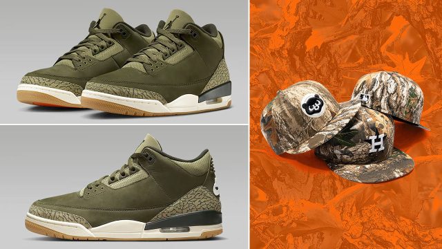 Air Jordan 3 Family Affair Medium Olive x New Era Realtree 59FIFTY Hats Fitted Caps to Match Sneakers