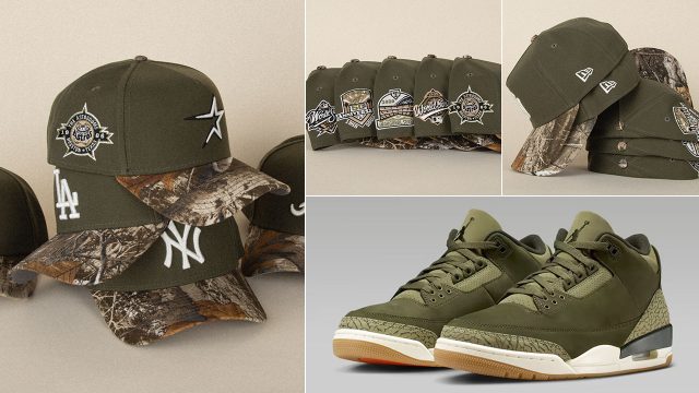 Air Jordan 3 Family Affair Medium Olive x New Era Realtree Camo Olive Hats A Frame Snapback Caps