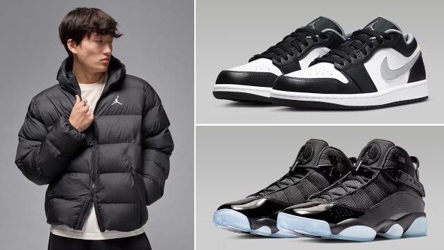 Jordan Brooklyn Mens Puffer Jacket Black White and Air Jordan Sneakers to Match