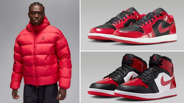 Jordan Brooklyn Mens Therma Fit Puffer Jacket Gym Red Black and Air Jordan Sneakers to Match