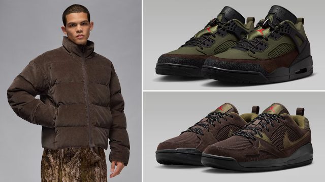Jordan Flight Mens Down Puffer Jacket Baroque Brown and Air Jordan Sneakers to Match