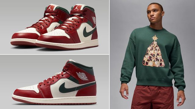 Air Jordan 1 Mid Redstone Midnight Green Mens Shoes x Jordan Brooklyn Fleece Holiday Tree Sweatshirt