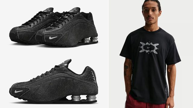 Nike Shox R4 Black Metallic Silver Sneakers and T Shirt