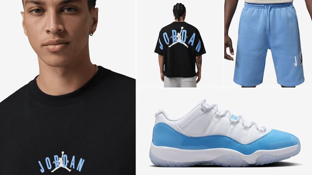 Air Jordan 11 Low UNC University Blue 2026 x Jordan Back Stretch Oversized T Shirt and Jordan Brooklyn Stretch Fleece Shorts Outfit to Match Sneakers