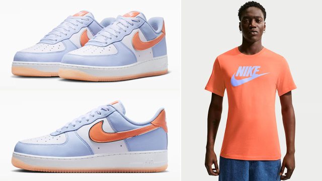 Nike Air Force 1 Low 07 Hydrogen Blue White Orange Frost x Nike Sportswear Mens T Shirt to Match Sneakers